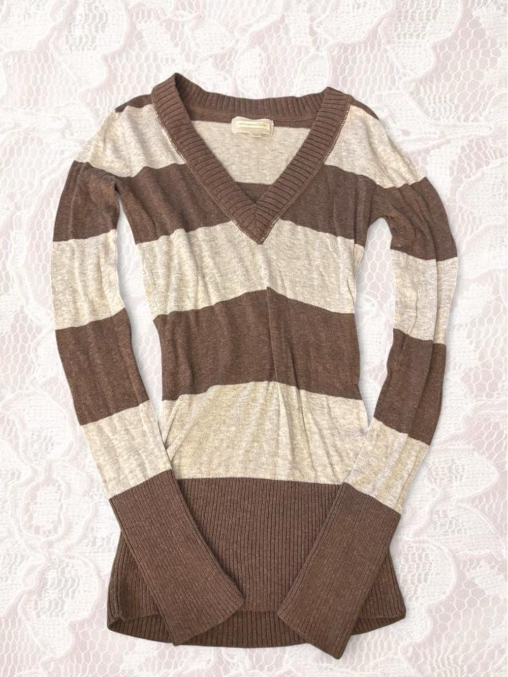 Aeropostale Brown and Cream Striped V-Neck Long Sleeve Top